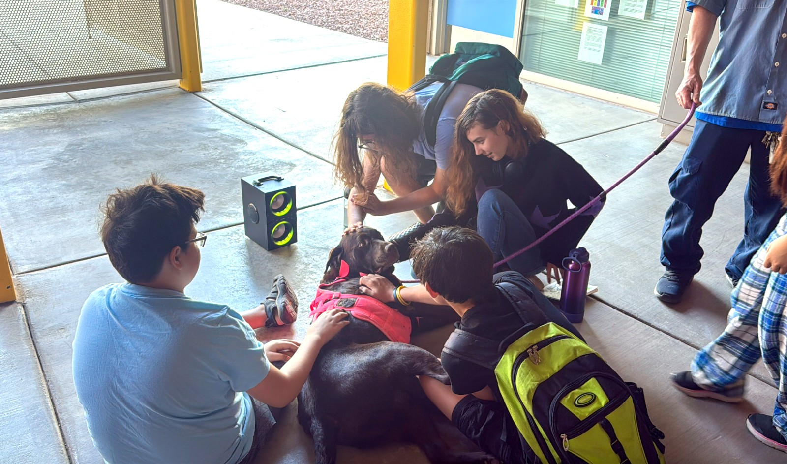 Gateway students sitting with one of the school therapy dogs